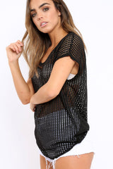 Black Laser Cut Top with Crew neck and Dip Hem - Keelani-Tops