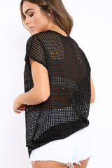 Black Laser Cut Top with Crew neck and Dip Hem - Keelani-Tops