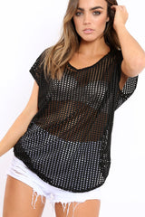 Black Laser Cut Top with Crew neck and Dip Hem - Keelani-Tops