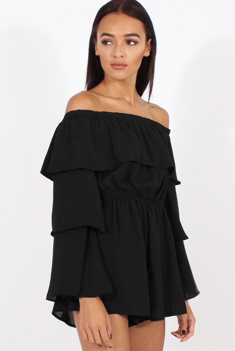 Black Layered Bardot Playsuit - Barbara-Playsuits