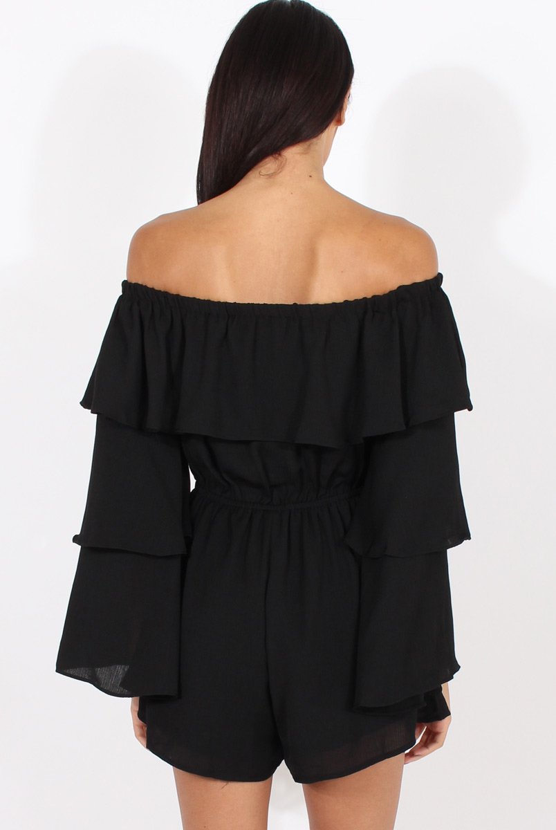 Black Layered Bardot Playsuit - Barbara-Playsuits