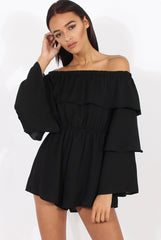 Black Layered Bardot Playsuit - Barbara-Playsuits