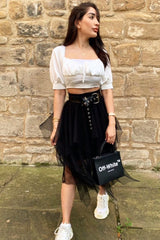 Black Layered Tulle Midi Skirt - Laveta-Skirts