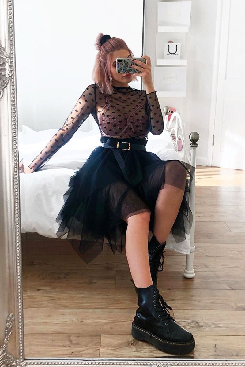 Black Layered Tulle Midi Skirt - Laveta-Skirts