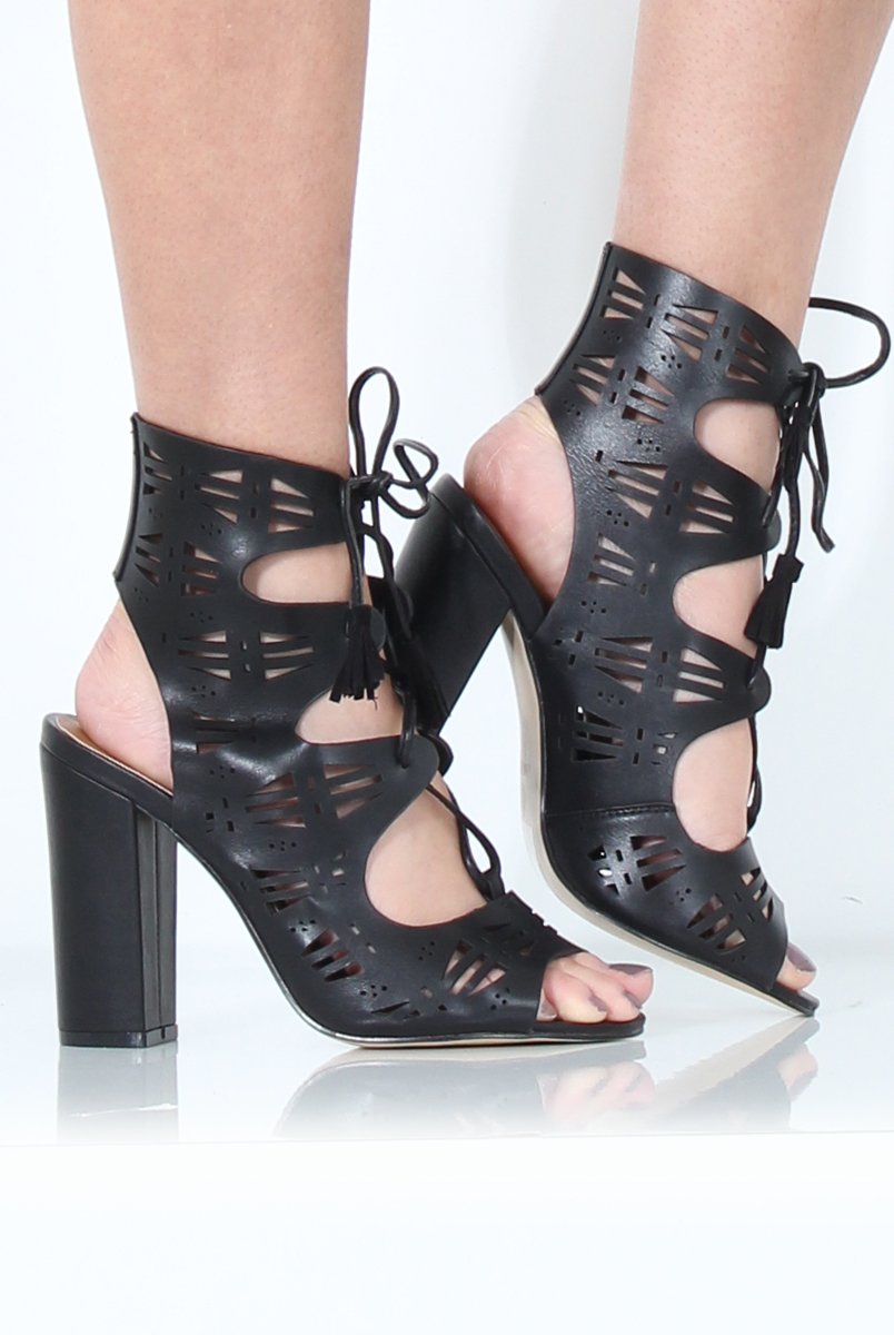 Black Lazer Cut Lace Up Heels - Viola-Heels