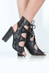 Black Lazer Cut Lace Up Heels - Viola-Heels