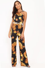 Black Leaf Print Twist Front Belted Jumpsuit - Rainn-Jumpsuits