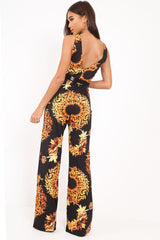 Black Leaf Print Twist Front Belted Jumpsuit - Rainn-Jumpsuits