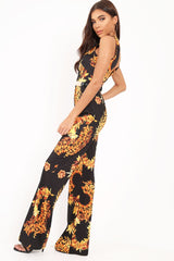 Black Leaf Print Twist Front Belted Jumpsuit - Rainn-Jumpsuits