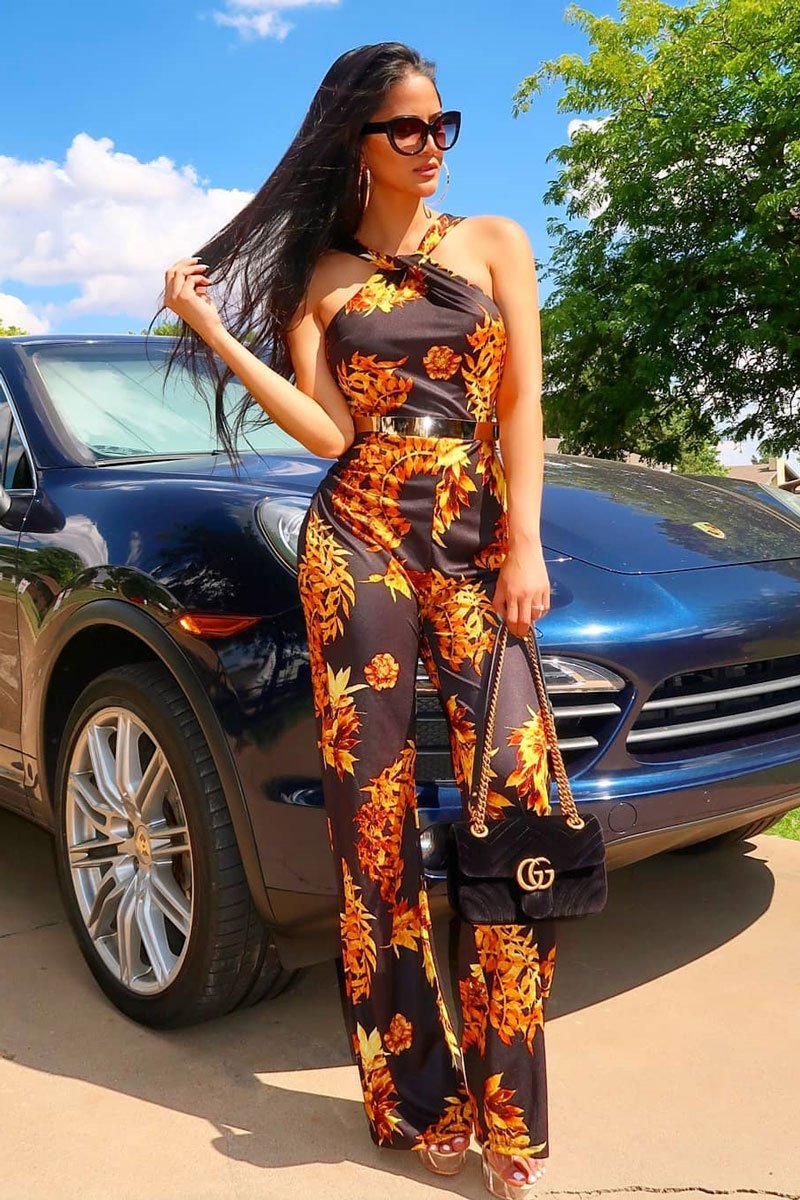 Black Leaf Print Twist Front Belted Jumpsuit - Rainn-Jumpsuits