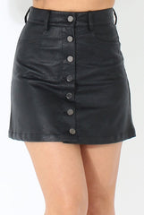 Black Leather Button Front Skirt- Launa-Skirts