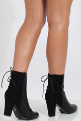 Black Leather & Suede Lace Up Detail Heeled Boots - Renee-Boots