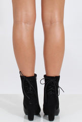 Black Leather & Suede Lace Up Detail Heeled Boots - Renee-Boots