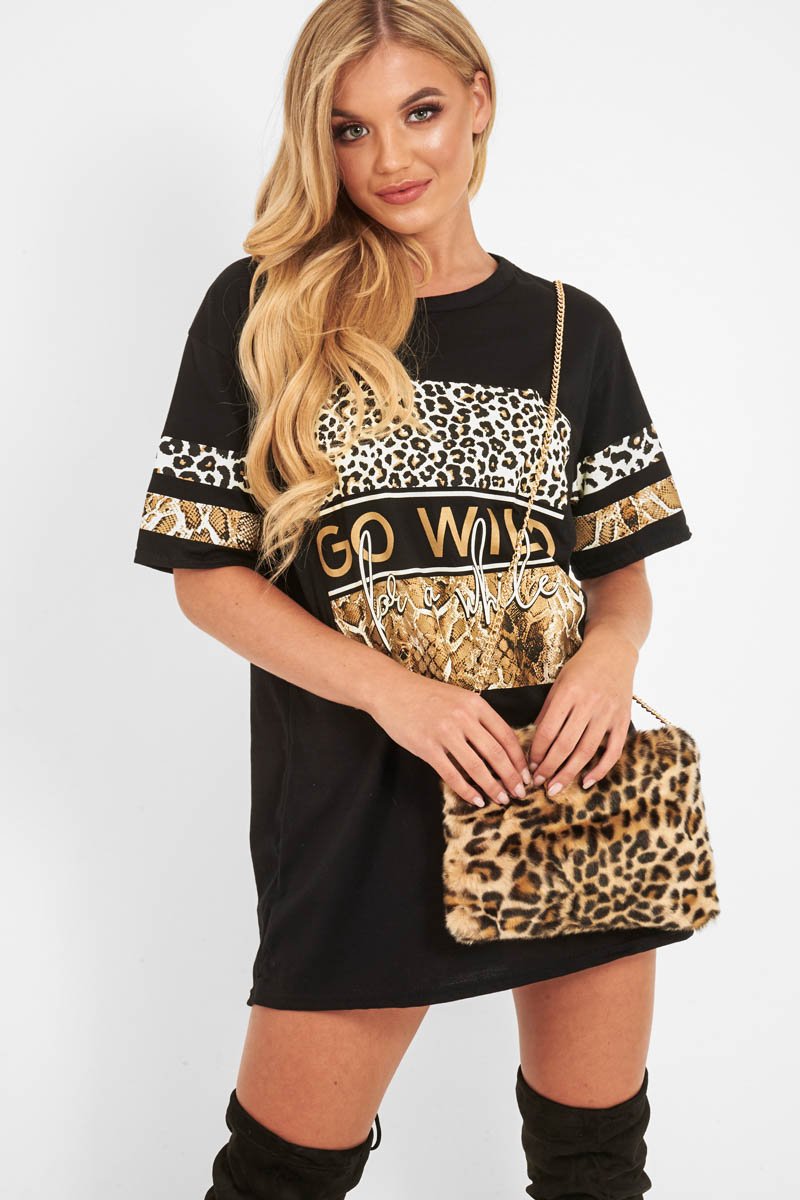 Black Leopard Go Wild Slogan T-Shirt - Matylda-Tops
