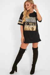 Black Leopard Go Wild Slogan T-Shirt - Matylda-Tops