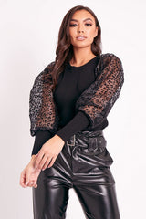 Black Leopard Mesh Sleeve Ribbed Top - Fiora-Tops