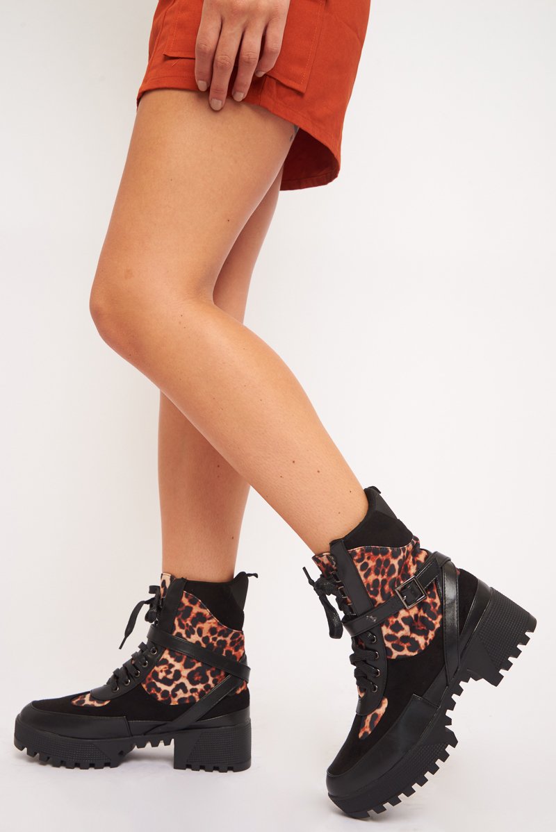 Black Leopard Military Buckle Boots - Jacara-Boots