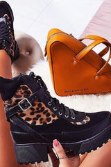 Black Leopard Military Buckle Boots - Jacara-Boots