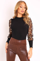 Black Leopard Polka Puff Sleeve Top - Fronia-Tops