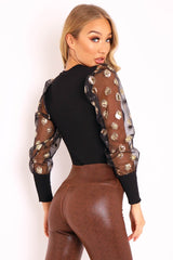 Black Leopard Polka Puff Sleeve Top - Fronia-Tops