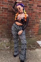 Black Leopard Print Flare Trousers - Brena-Trousers