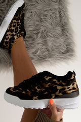 Black Leopard Print Lace Up Sole Detail Trainers - Talitha-Trainers