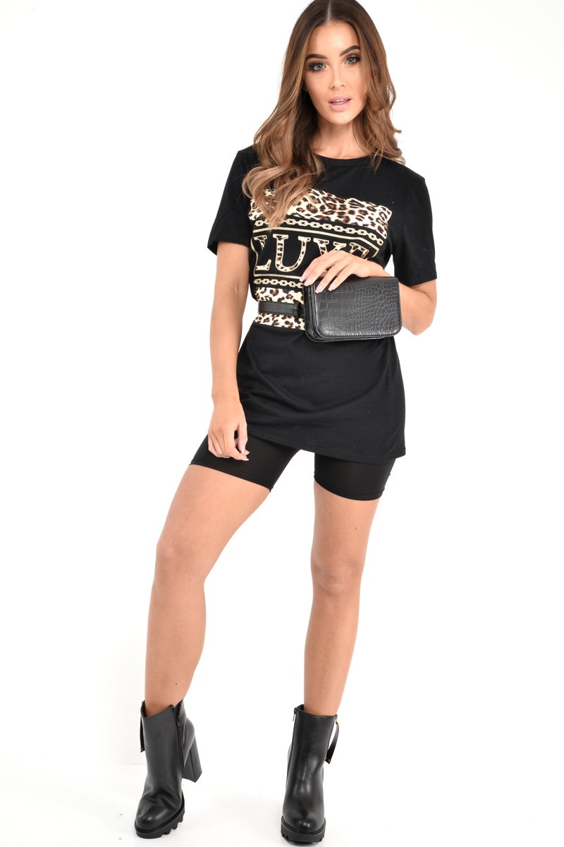 Black Leopard Print Luxe Slogan T-Shirt - Cayleigh-Tops