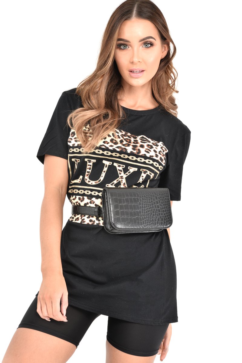 Black Leopard Print Luxe Slogan T-Shirt - Cayleigh-Tops