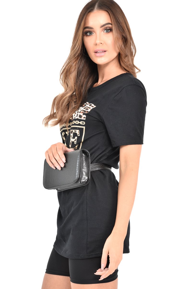 Black Leopard Print Luxe Slogan T-Shirt - Cayleigh-Tops