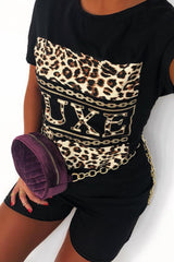 Black Leopard Print Luxe Slogan T-Shirt - Cayleigh-Tops