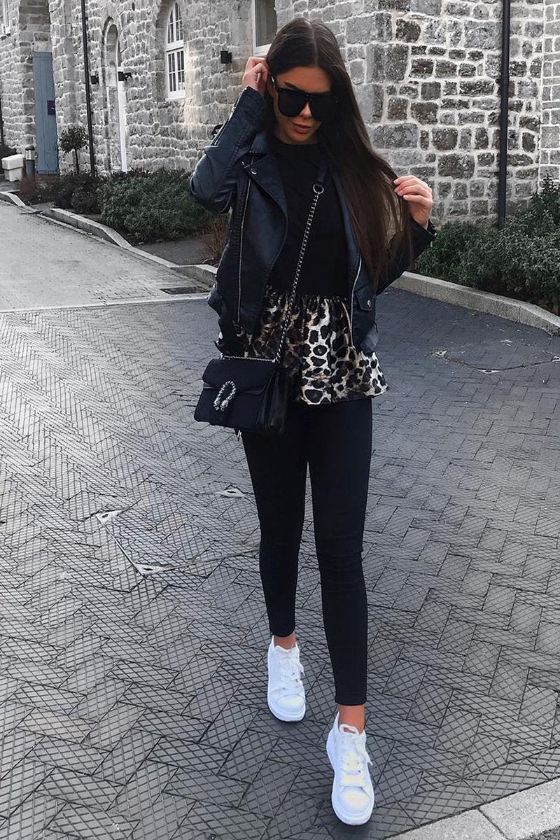 Black Leopard Print Satin Ruffle Hem T-Shirt - Mailyn-Tops