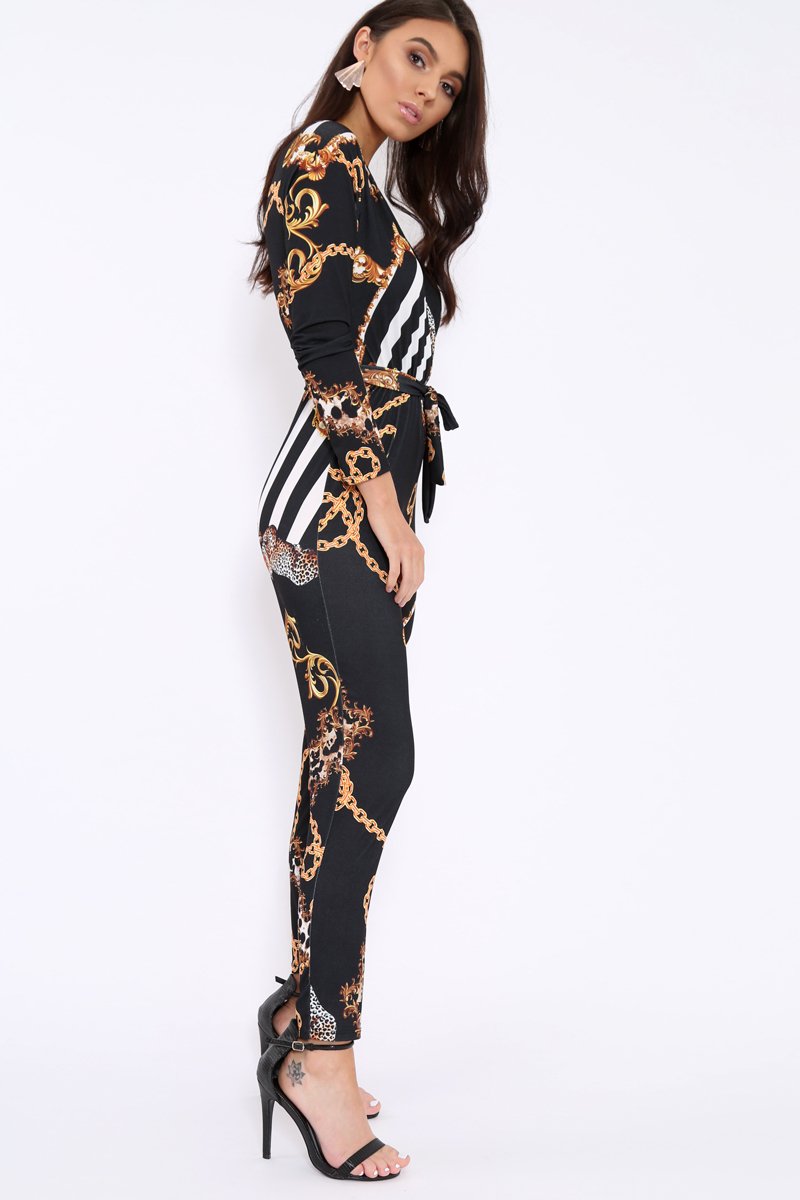 Black Leopard Print V-Plunge Jumpsuit - Talise-Jumpsuits