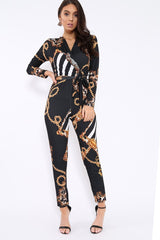 Black Leopard Print V-Plunge Jumpsuit - Talise-Jumpsuits