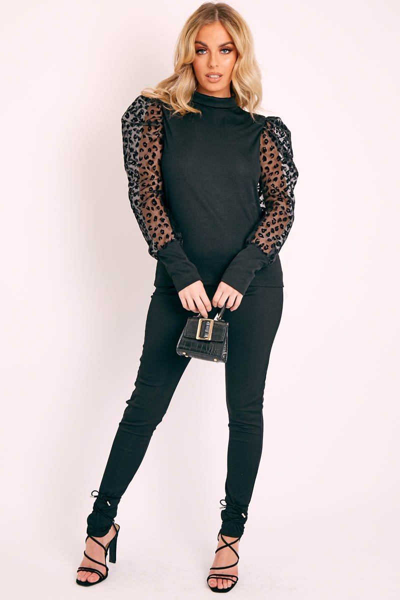 Black Leopard Puff Sleeve Top and Leggings Co-ord - Ursula-Co-ords