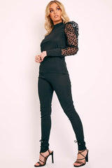 Black Leopard Puff Sleeve Top and Leggings Co-ord - Ursula-Co-ords