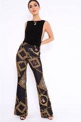 Black Leopard Scarf Print Wide Leg Trousers - Nolia-Trousers