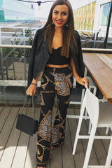 Black Leopard Scarf Print Wide Leg Trousers - Nolia-Trousers