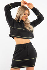 Black Lime Contrast Stitch Crop Jumper Skirt Co-ord - Keva-Co-ords