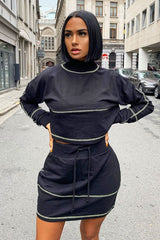 Black Lime Contrast Stitch Crop Jumper Skirt Co-ord - Keva-Co-ords