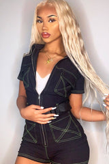 Black Lime Contrast Stitch Utility Belted Playsuit - Mina-Playsuits