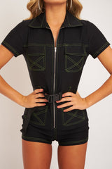 Black Lime Contrast Stitch Utility Belted Playsuit - Mina-Playsuits
