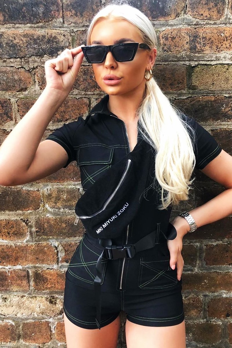 Black Lime Contrast Stitch Utility Belted Playsuit - Mina-Playsuits