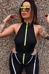 Black Lime Ring Zip Cycling Short Bodysuit Co-ord - Issi-Co-ords