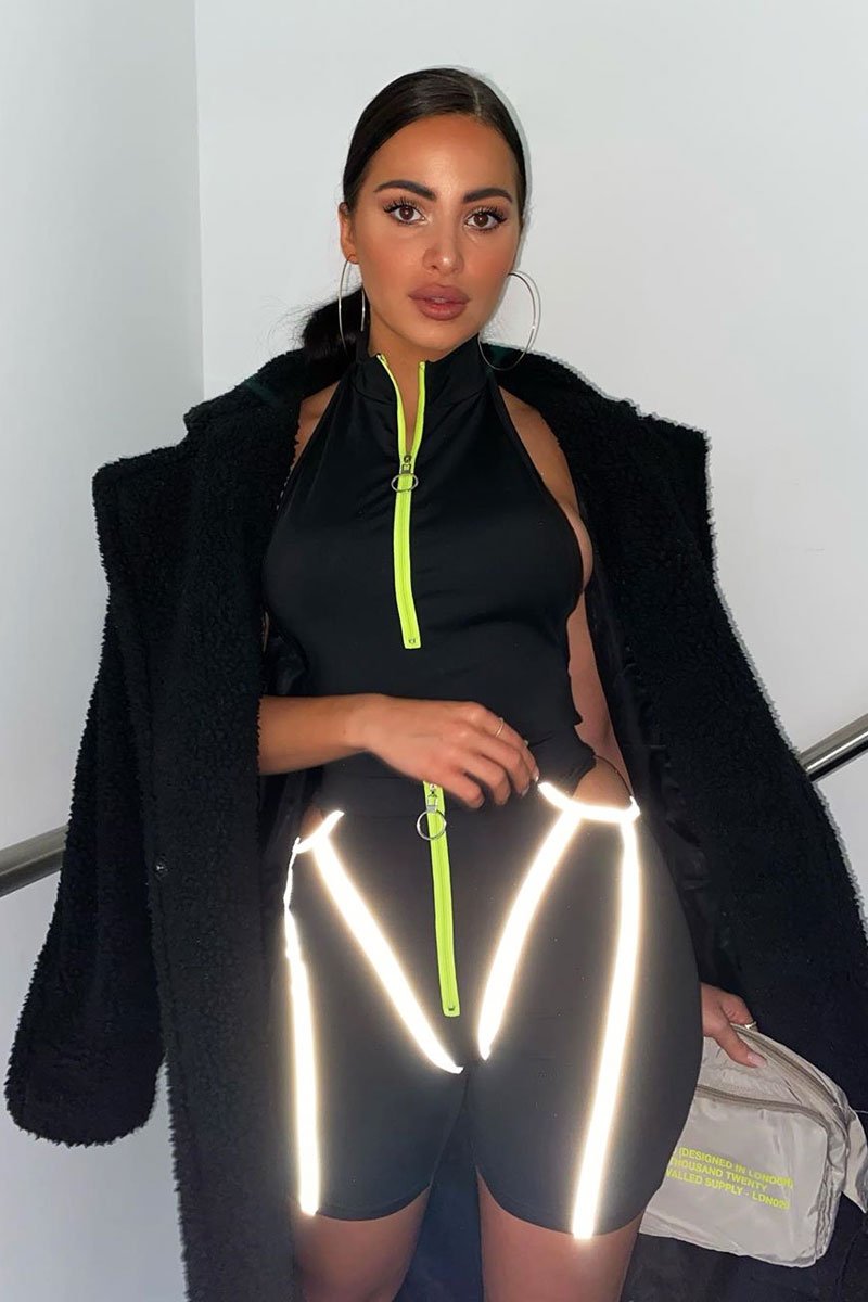 Black Lime Ring Zip Cycling Short Bodysuit Co-ord - Issi-Co-ords