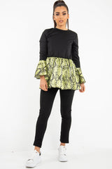 Black Lime Snake Print Flare Sleeve Peplum Top - Dhara-Tops