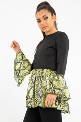 Black Lime Snake Print Flare Sleeve Peplum Top - Dhara-Tops