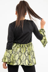 Black Lime Snake Print Flare Sleeve Peplum Top - Dhara-Tops