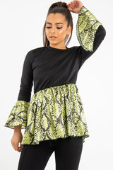 Black Lime Snake Print Flare Sleeve Peplum Top - Dhara-Tops