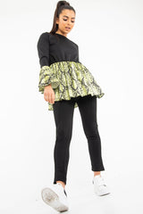 Black Lime Snake Print Flare Sleeve Peplum Top - Dhara-Tops