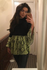 Black Lime Snake Print Flare Sleeve Peplum Top - Dhara-Tops
